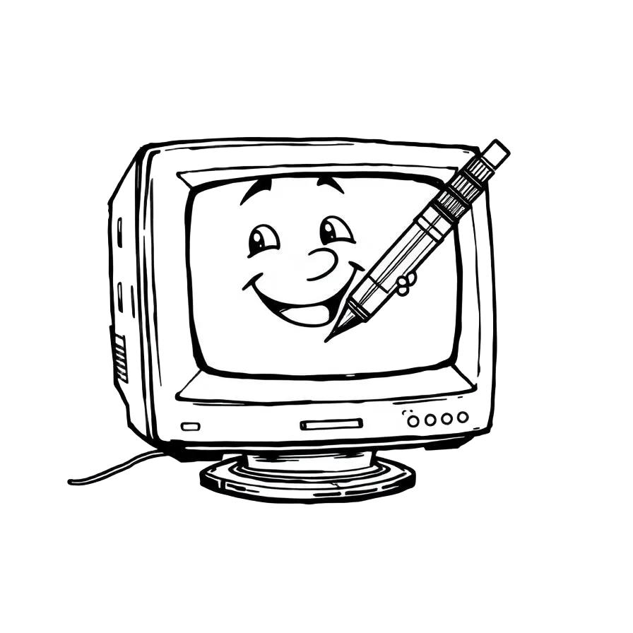 Maskotka retro CRT trzymająca pióro
